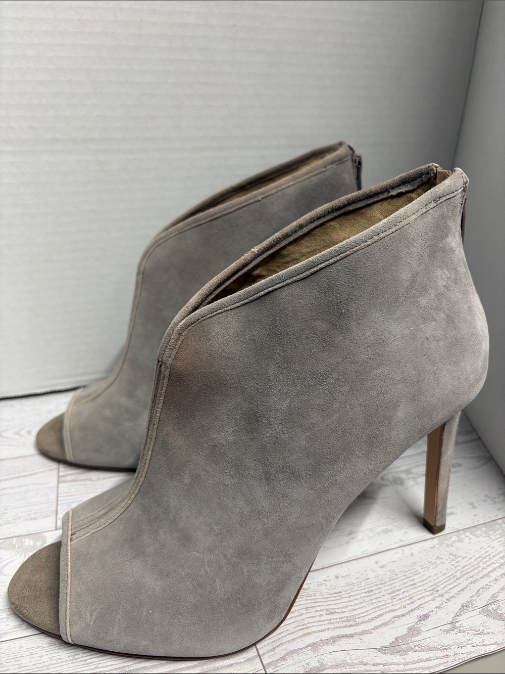 G.I.L.I. Freyda Suede Peep Toe Booties 9.5 Taupe Stiletto Heels